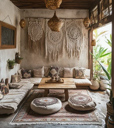 boho-zitplek-buiten-macrame-wand-versiering