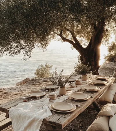 houten-tafel-aan-strand-met-olijboom